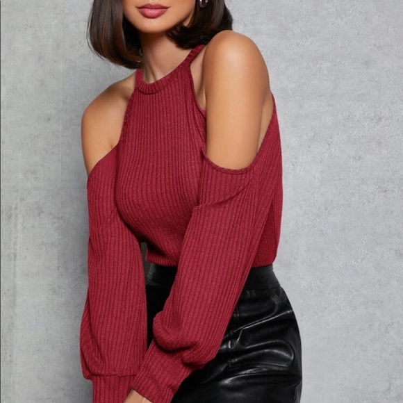 Boho sold shoulder ribbed knit red rose - Picture 3 of 15